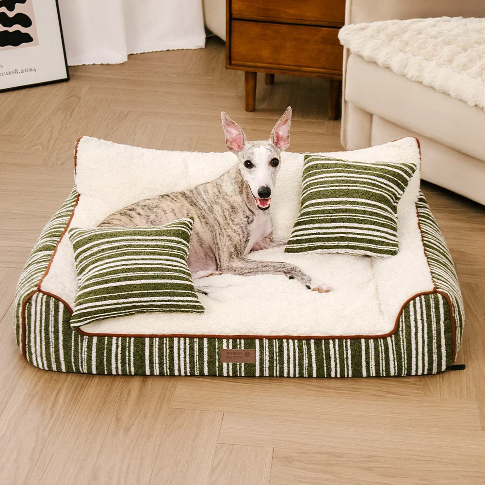 Lit Sofa Orthopédique en Velours Rayé pour Chiens et Chats avec Oreillers - Canapé Grove – Image 2