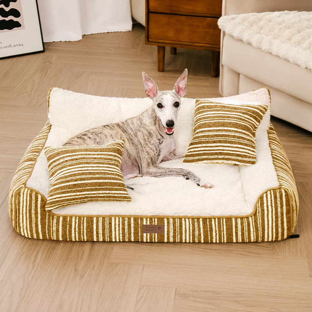 Lit Sofa Orthopédique en Velours Rayé pour Chiens et Chats avec Oreillers - Canapé Grove – Image 9